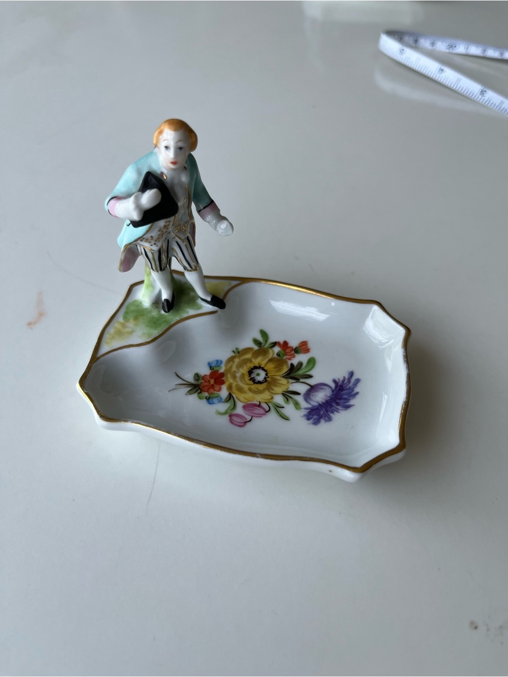 Dresden Porcelain Figurine Trinket Dish in White and Gold with Floral Motif